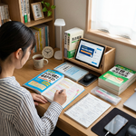 Student writing notes while studying Japanese civil service exam materials at a desk