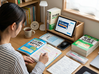 Student writing notes while studying Japanese civil service exam materials at a desk